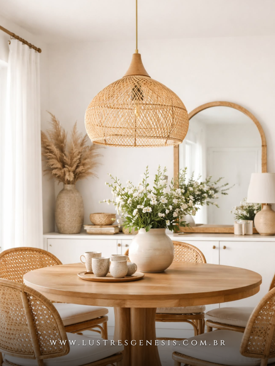 L&uacute;minaria Pendente de Rattan Natural &Oslash;40cm Dourado com Canopla Madeira para Bancada Cozinha &Aacute;rea Gourmet, Lavabo, Cabeceira